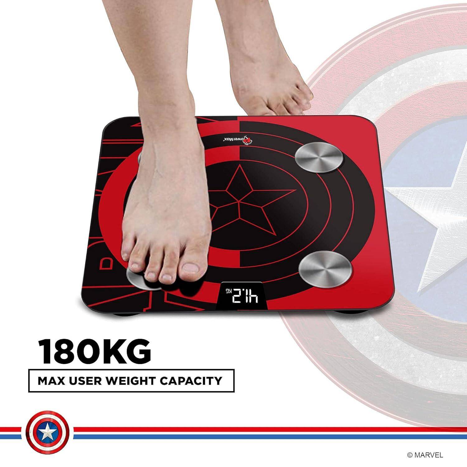 PowerMax X Marvel BCA-130 Marvel Edition Red Captain America Digital Weight Machine for Human Body - High Accuracy Bathroom Weighing Scale with Step-on Technology & Super Durable 6mm Tempered Glass -  4
