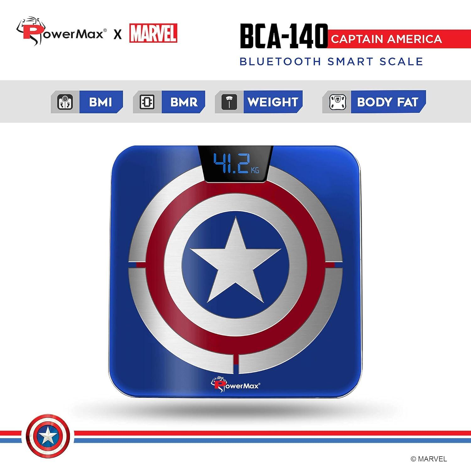 PowerMax X Marvel BCA-140 Marvel Edition Captain America Series Digital Weight Machine for Human Body - High Accuracy Bathroom Weighing Scale with Step-on Technology & Super Durable 6mm Tempered Glass