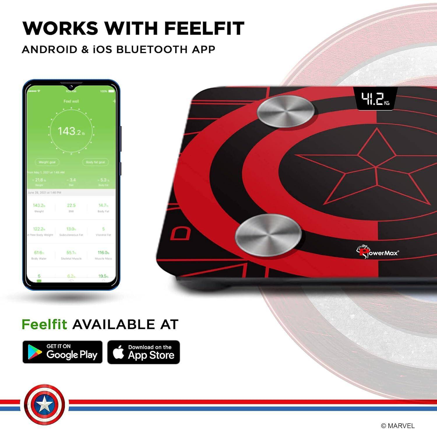 PowerMax X Marvel BCA-130 Marvel Edition Red Captain America Digital Weight Machine for Human Body - High Accuracy Bathroom Weighing Scale with Step-on Technology & Super Durable 6mm Tempered Glass -  3