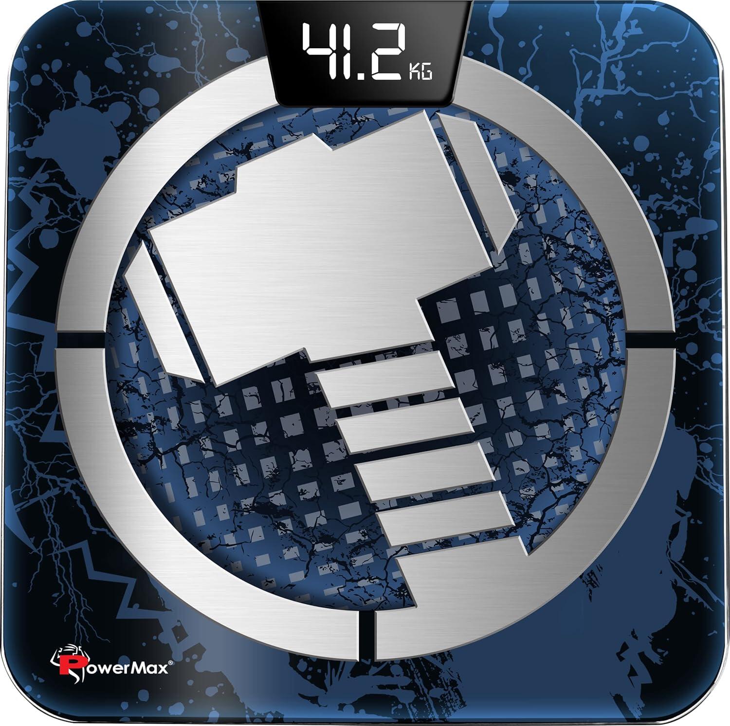 PowerMax X Marvel BCA-140 Thor Edition Digital Bathroom BMI Weight Scale for Human Fitness Body Weight with Max Weighing Capacity 180kg, LED Display, Tempered Glass, Mobile App and Body Fat Analyzer