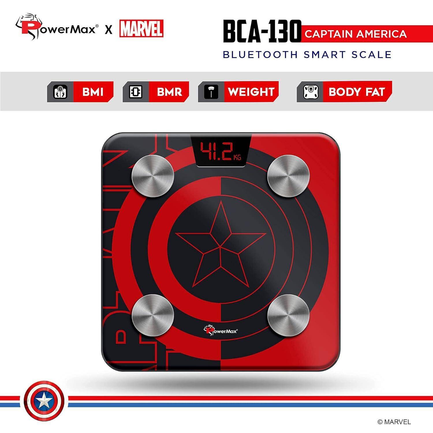 PowerMax X Marvel BCA-130 Marvel Edition Red Captain America Digital Weight Machine for Human Body - High Accuracy Bathroom Weighing Scale with Step-on Technology & Super Durable 6mm Tempered Glass -  2