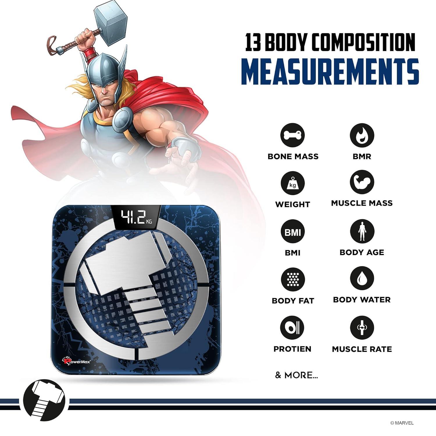PowerMax X Marvel BCA-140 Thor Edition Digital Bathroom BMI Weight Scale for Human Fitness Body Weight with Max Weighing Capacity 180kg, LED Display, Tempered Glass, Mobile App and Body Fat Analyzer