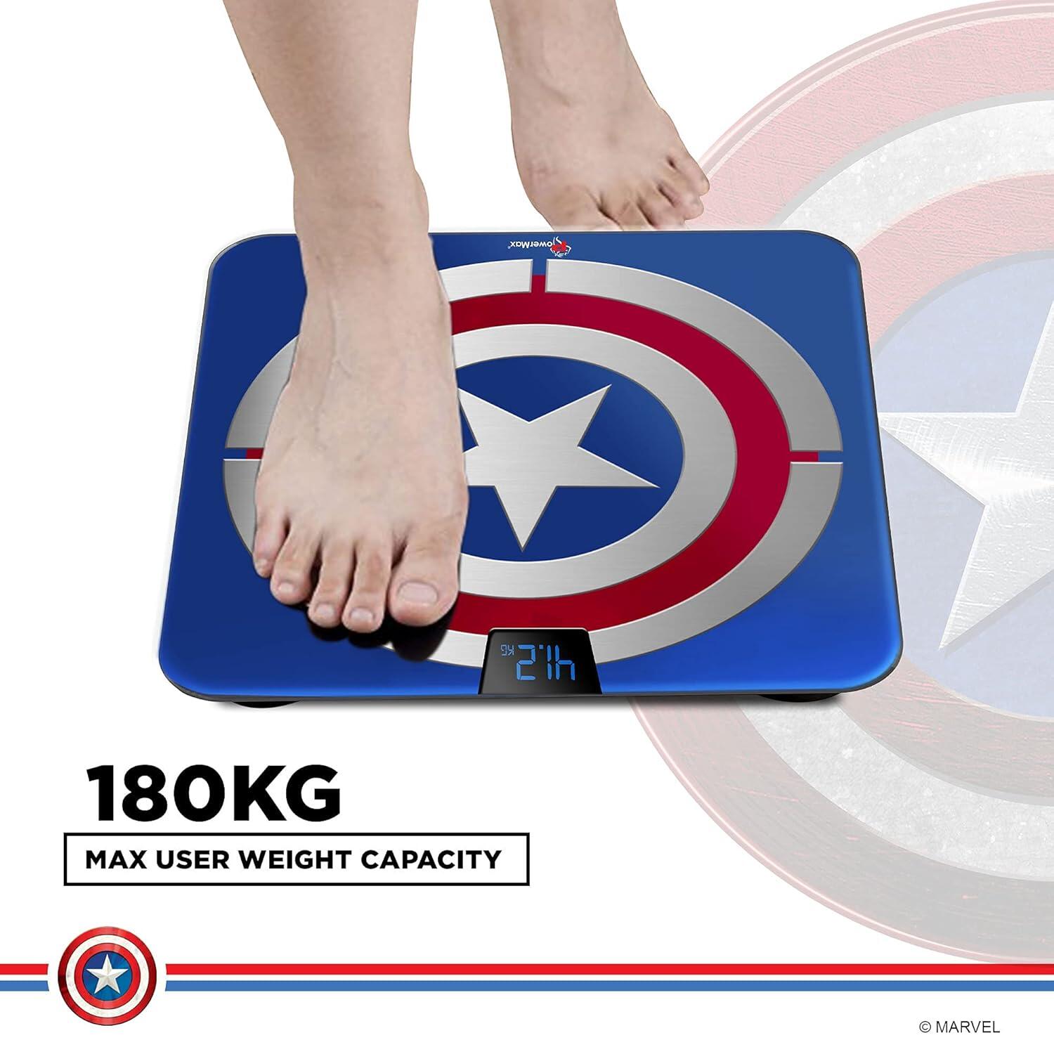 PowerMax X Marvel BCA-140 Marvel Edition Captain America Series Digital Weight Machine for Human Body - High Accuracy Bathroom Weighing Scale with Step-on Technology & Super Durable 6mm Tempered Glass