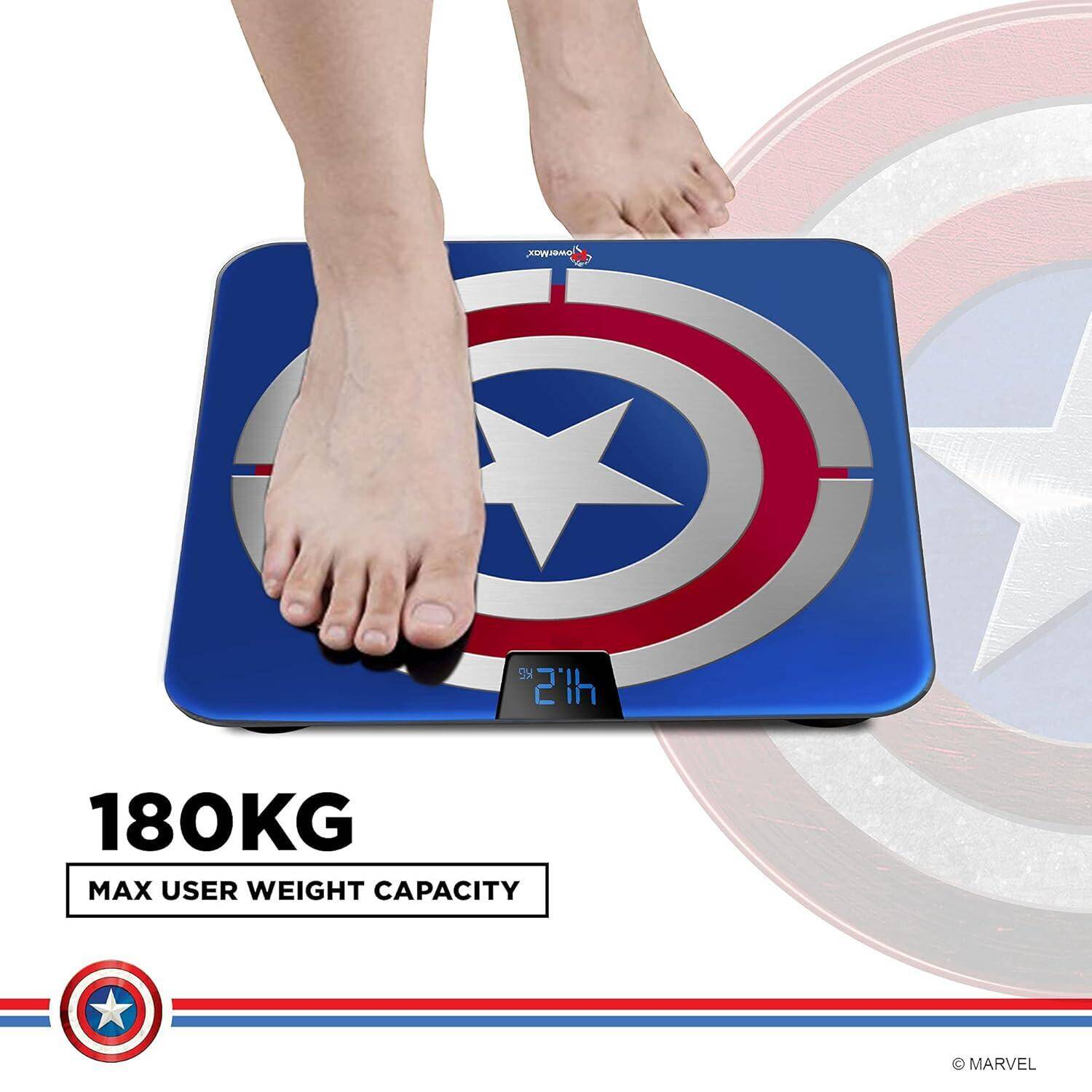 PowerMax X Marvel BCA-140 Marvel Edition Captain America Series Digital Weight Machine for Human Body - High Accuracy Bathroom Weighing Scale with Step-on Technology & Super Durable 6mm Tempered Glass -  3