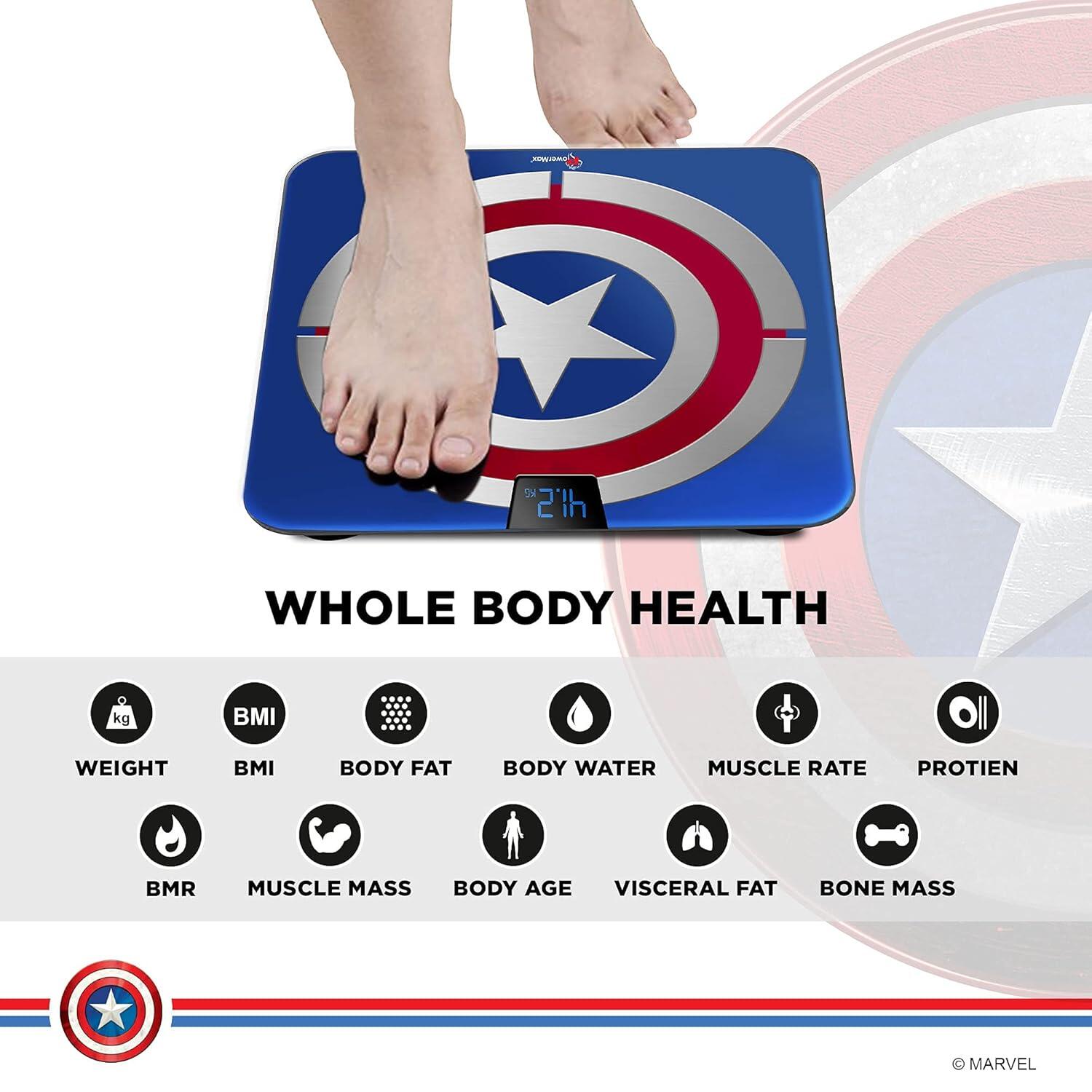 PowerMax X Marvel BCA-140 Marvel Edition Captain America Series Digital Weight Machine for Human Body - High Accuracy Bathroom Weighing Scale with Step-on Technology & Super Durable 6mm Tempered Glass