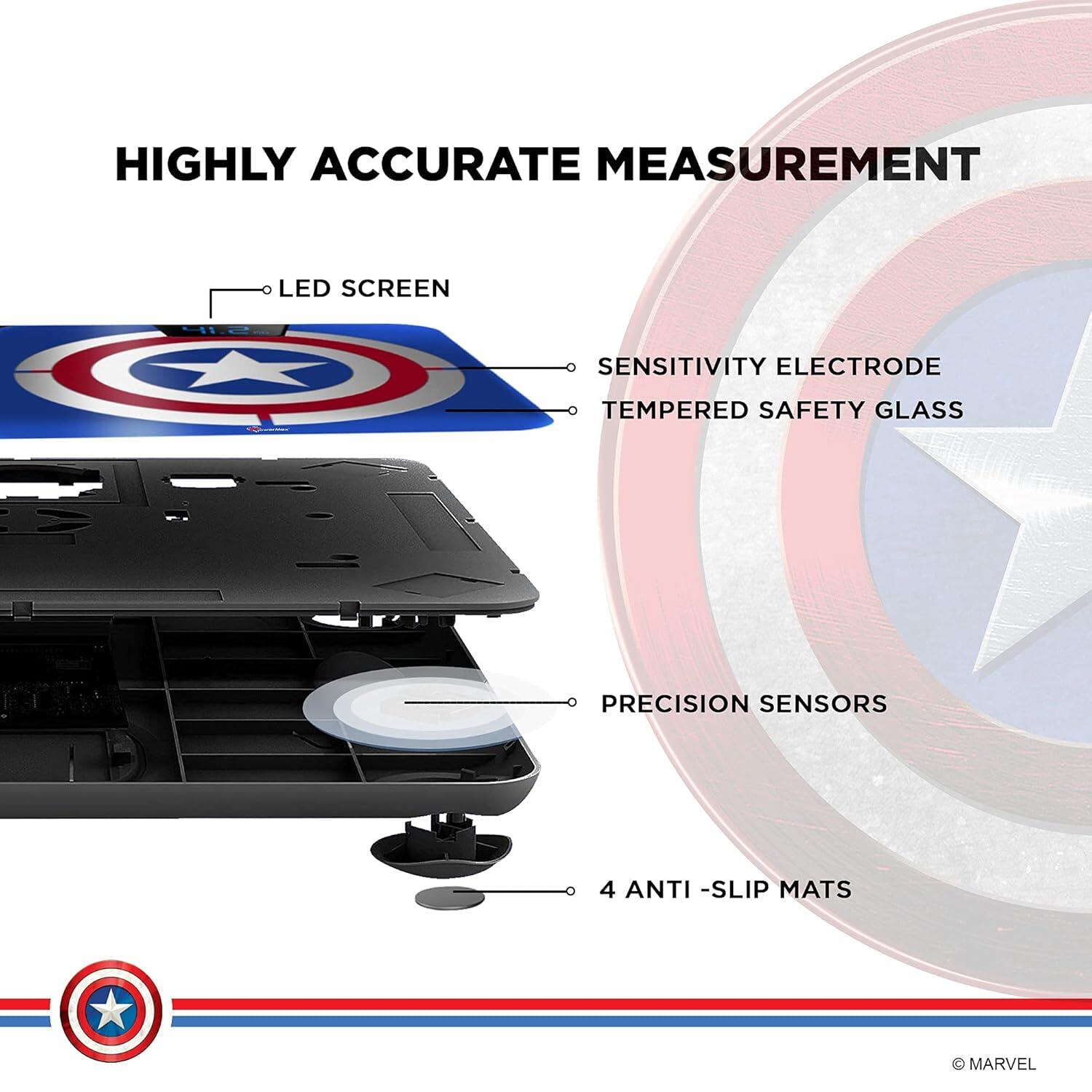 PowerMax X Marvel BCA-140 Marvel Edition Captain America Series Digital Weight Machine for Human Body - High Accuracy Bathroom Weighing Scale with Step-on Technology & Super Durable 6mm Tempered Glass