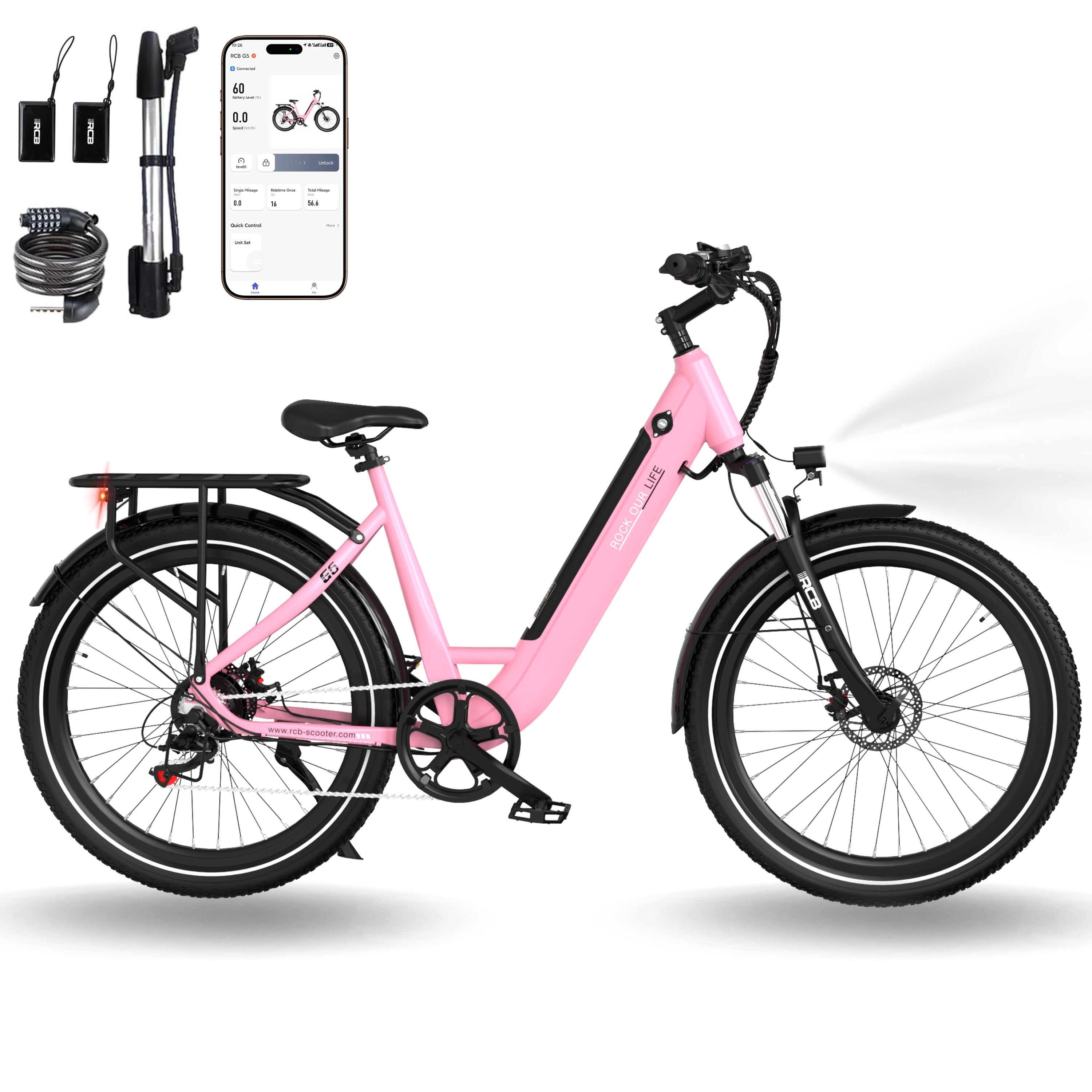 RCB Electric City Bikes G6, E-bikes 27.5",APP&NFC,PINK
