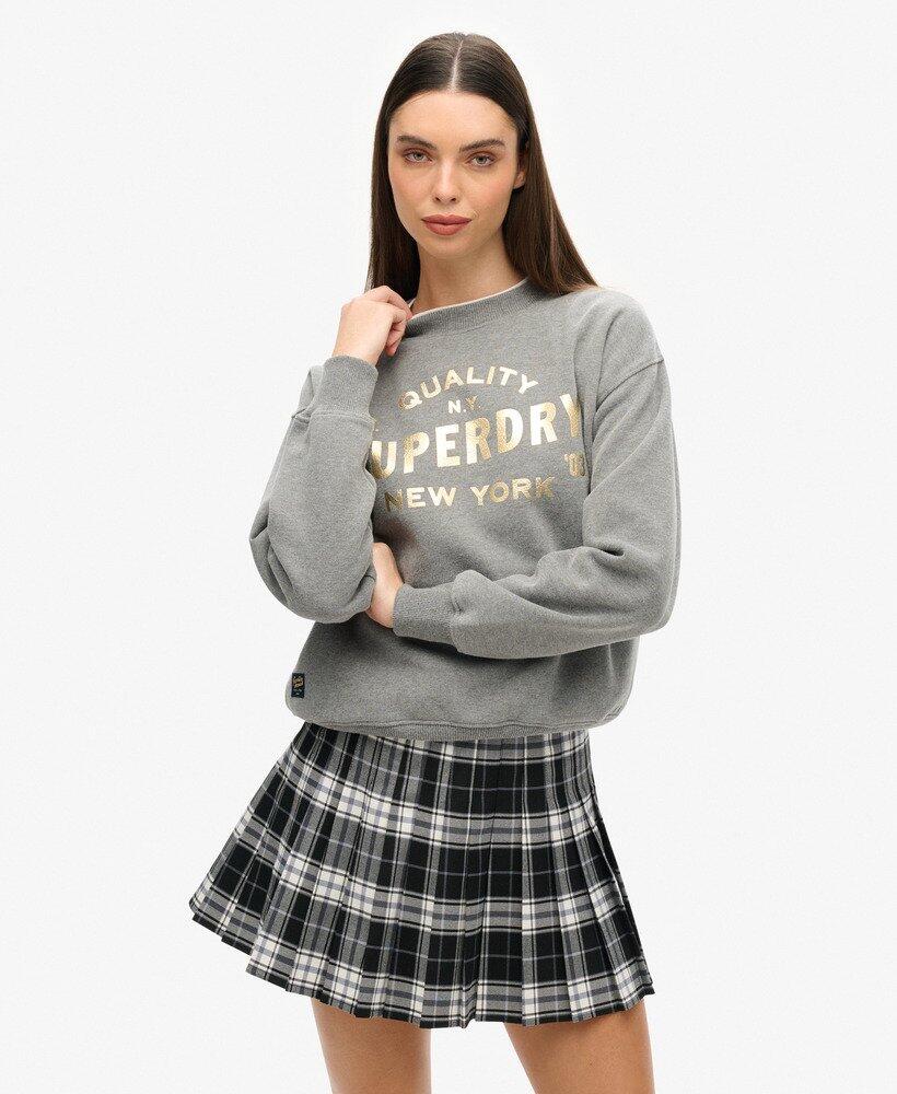 Bluza Superdry Luxe Metallic gri cu imprimeu auriu pentru femei