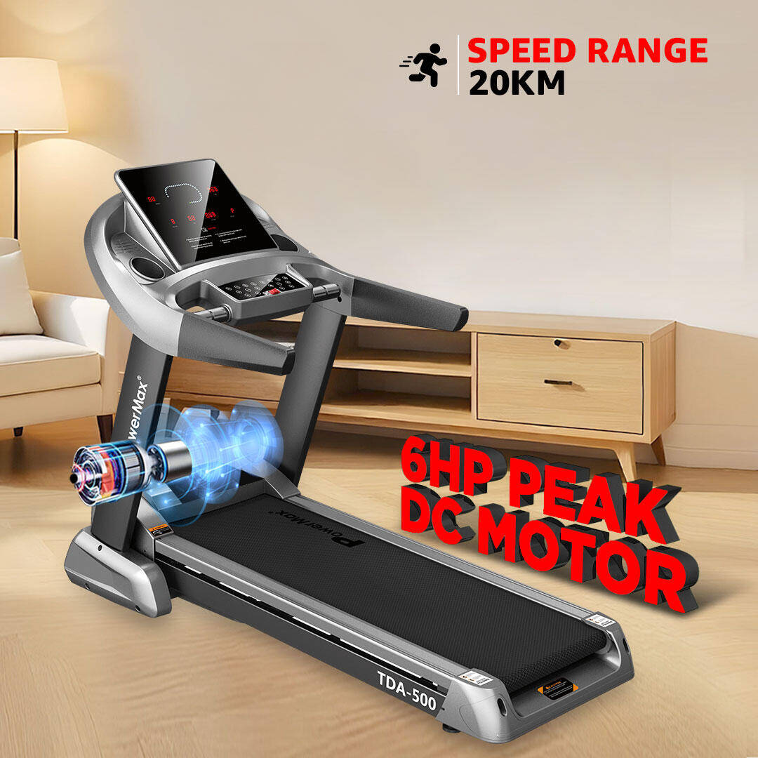 PowerMax Fitness TDA-500 4HP DC Motorized Foldable Treadmill for Home-Gym | Max User Weight 150kg | Top speed 20kmph |15 Lvl. Auto Incline | 12 Preset Program, Semi-Auto Lubrication, LCD Display, MP3 -  4