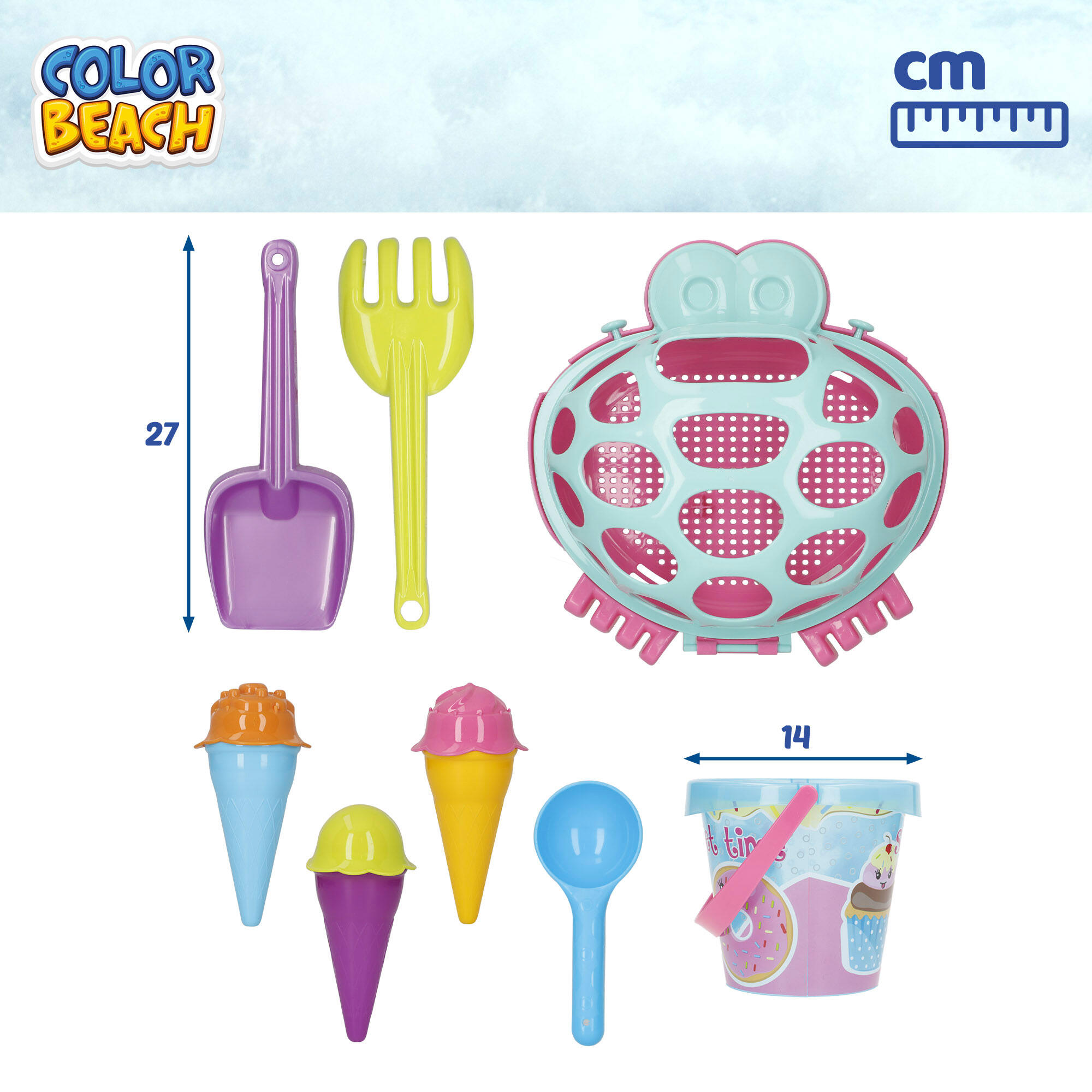 Set playa Cangrejo cubo con palas y moldes de Color Beach 4/7