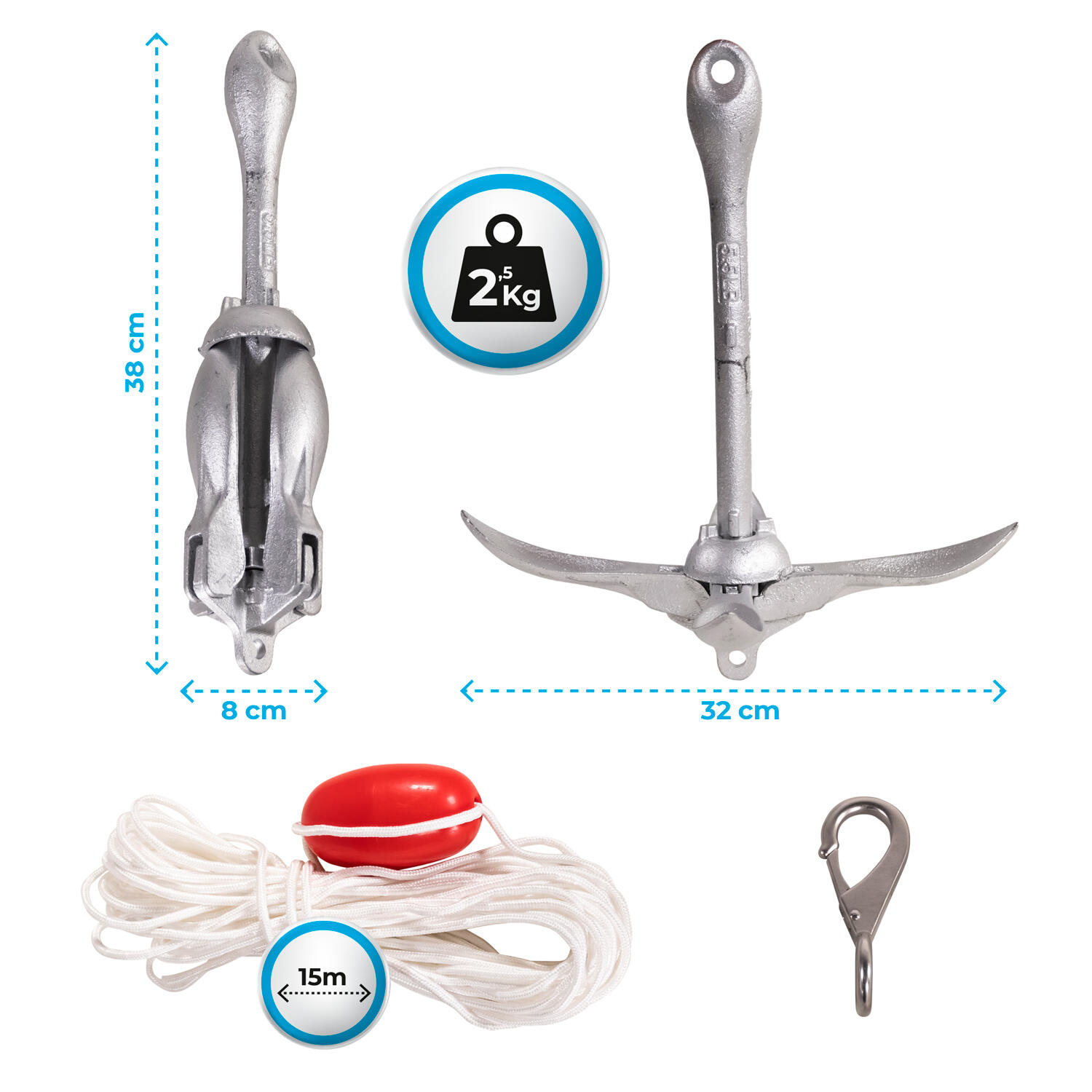 Ancla plegable de 4 brazos con cuerda de 15 m para paddle, kayaks, botes 3/5