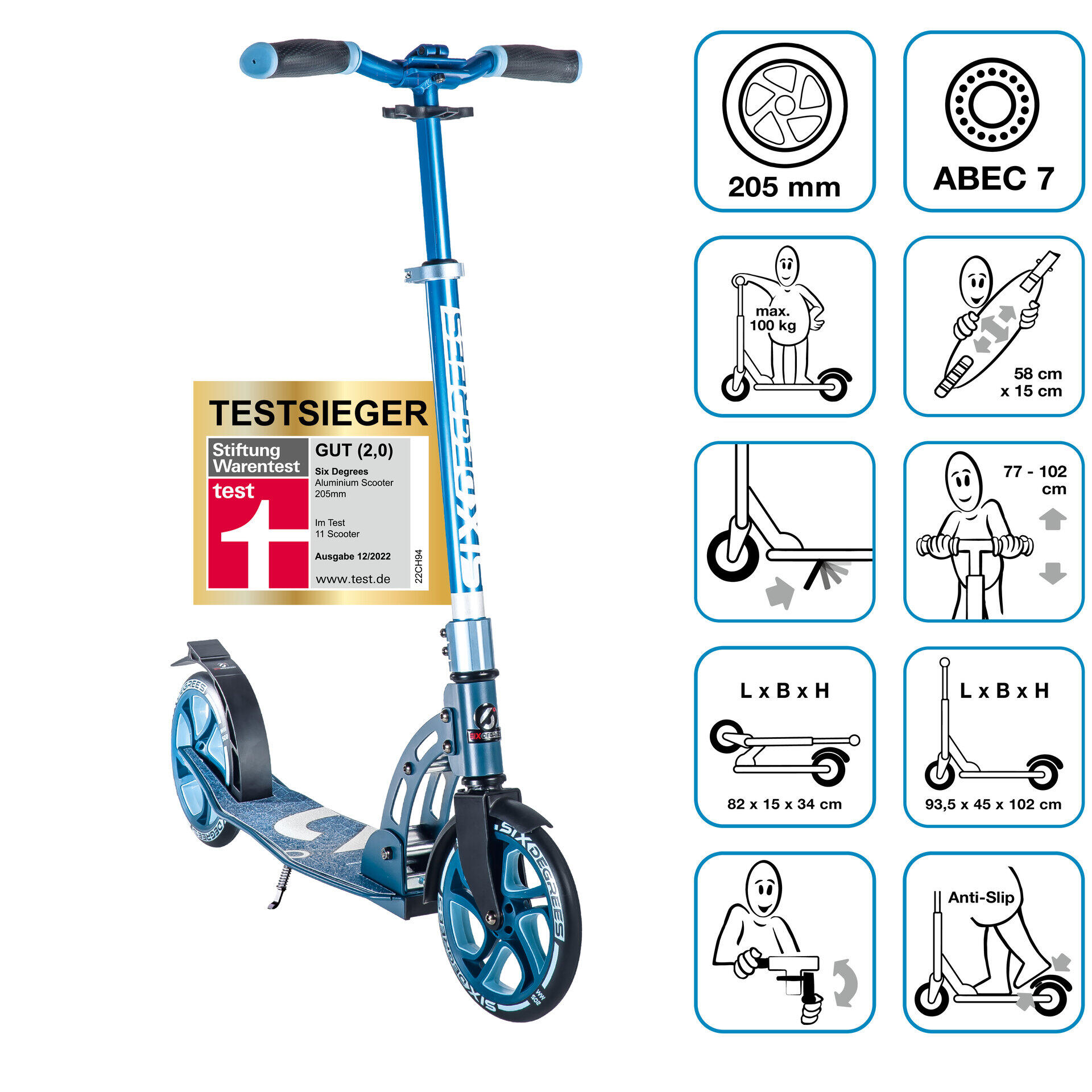 SIX DEGREES SIX DEGREES Aluminium Scooter 205 mm blau -TESTSIEGER-