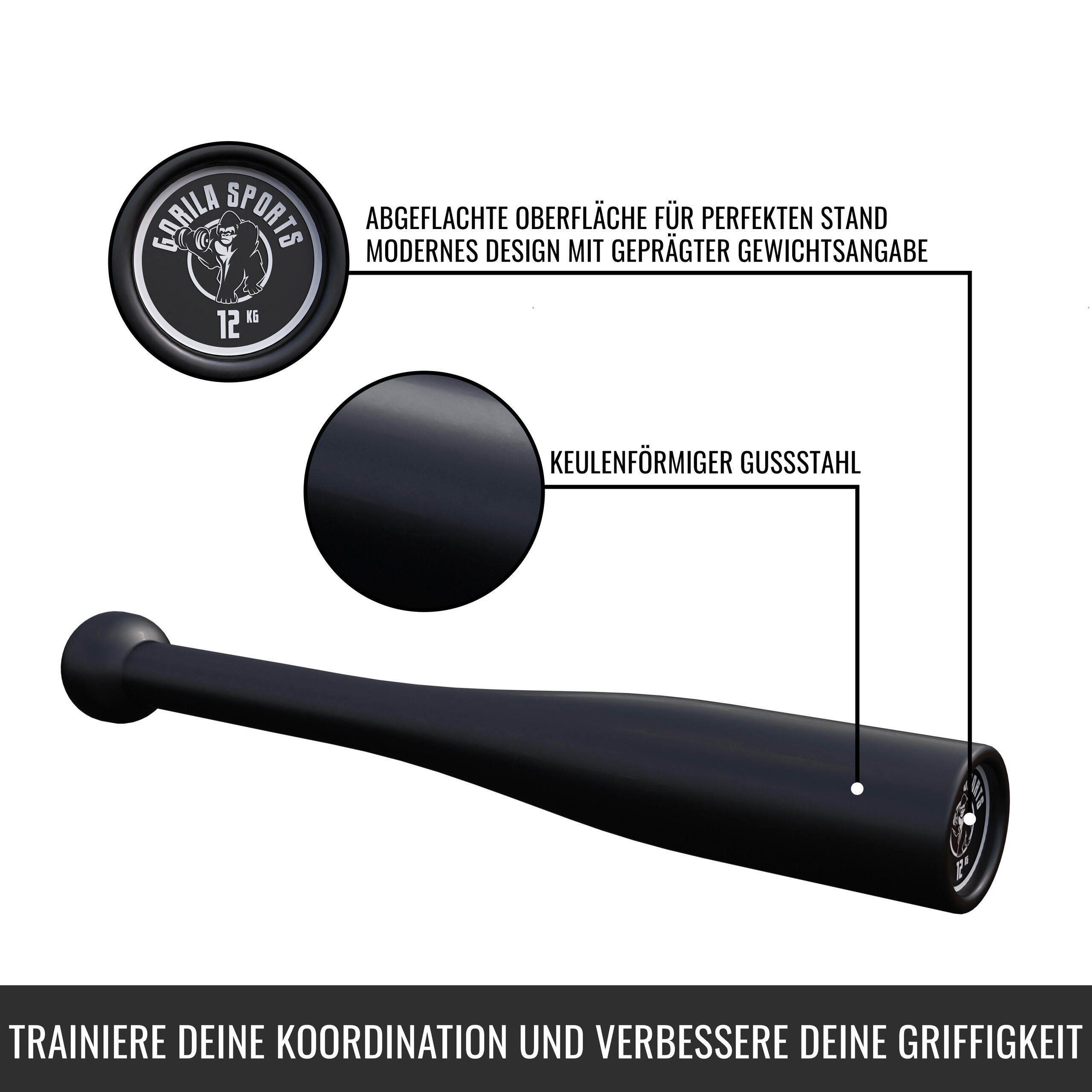 Clubbell (mazza) indiana GORILLA SPORTS 12 kg ghisa nera, ergonomica 5/7