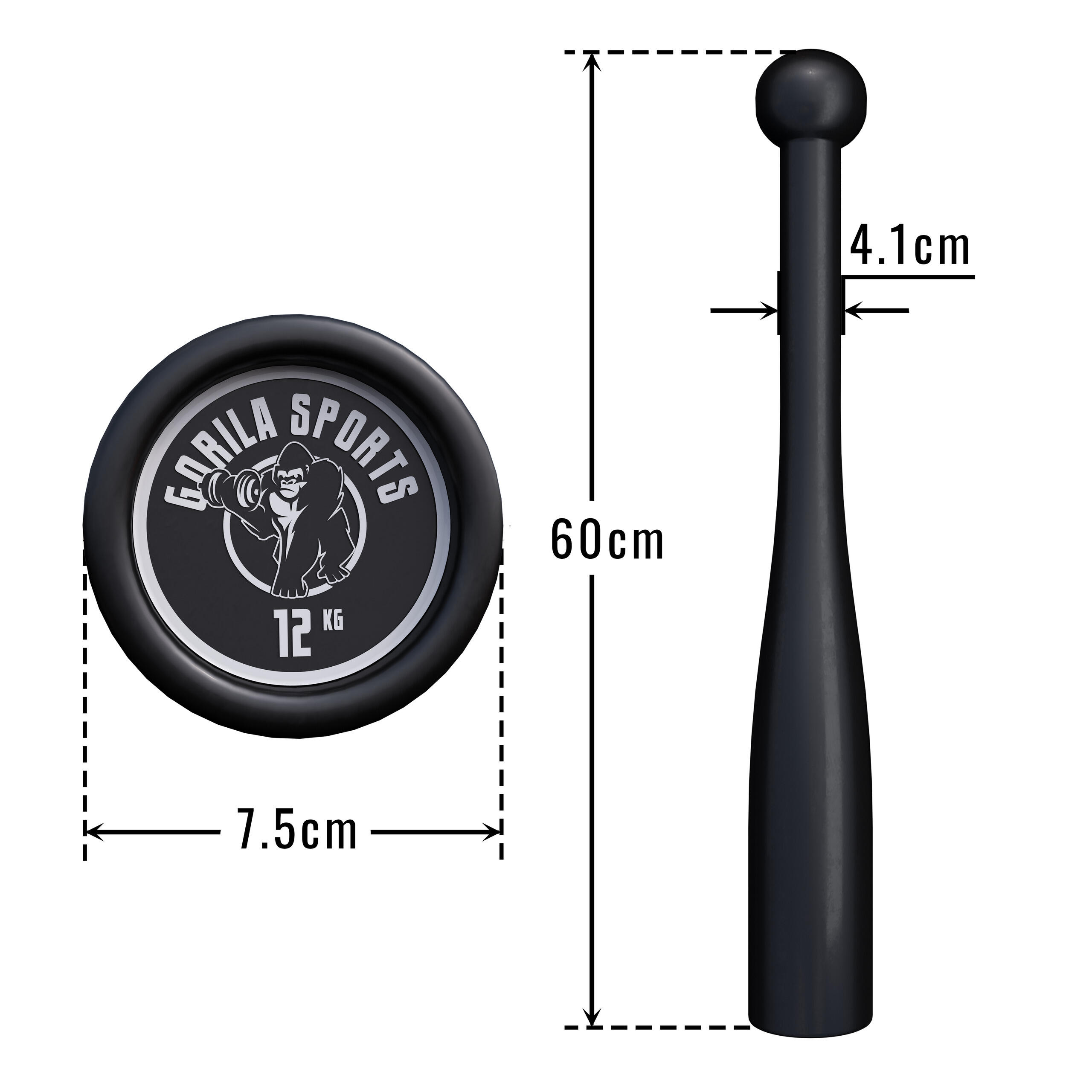 Clubbell (mazza) indiana GORILLA SPORTS 12 kg ghisa nera, ergonomica 6/7