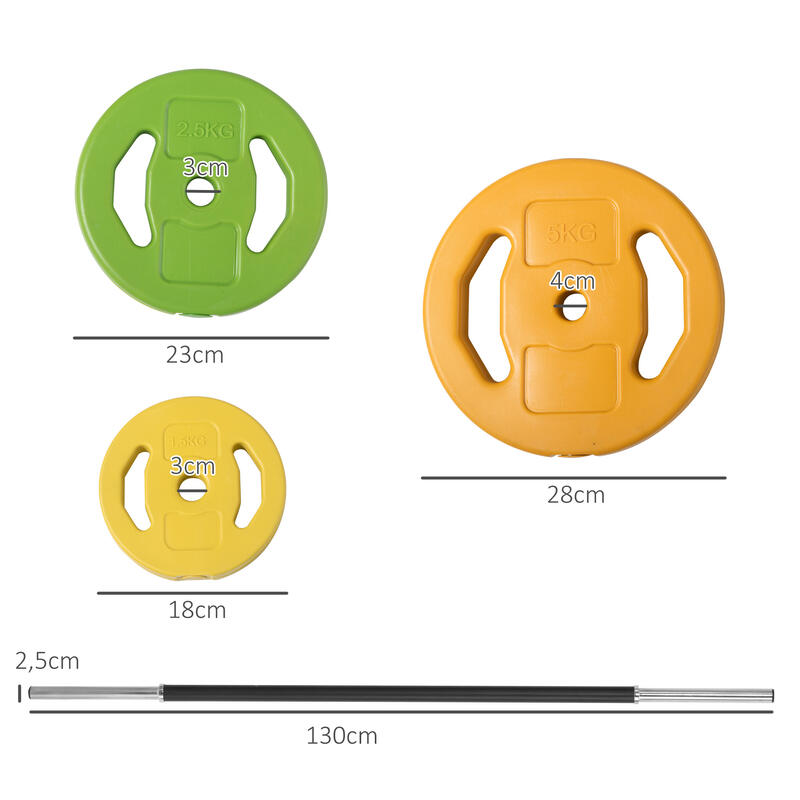 Conjunto de Barra de Pesos HOMCOM 130x28x28 cm Laranja, Verde e Amarelo