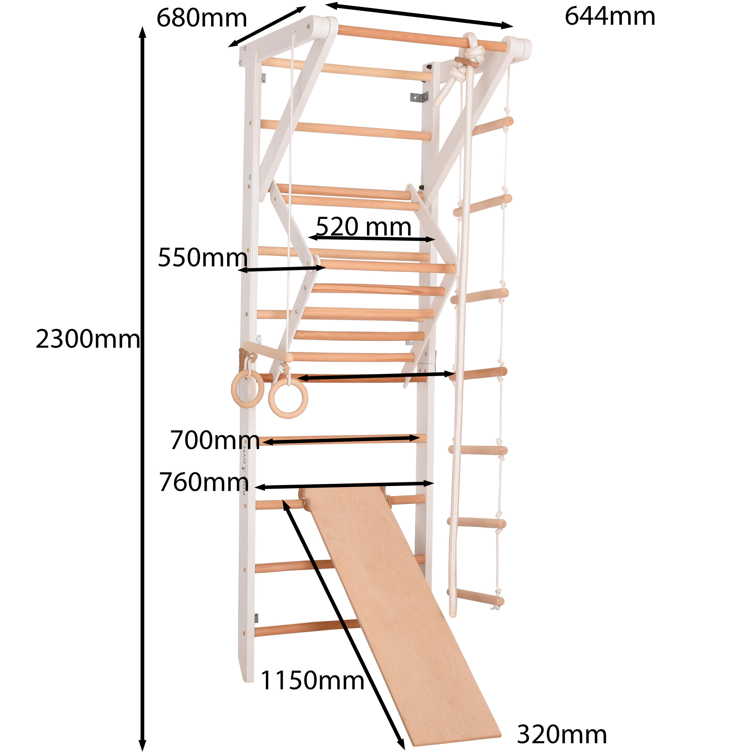 Espalier en bois avec barre, anneaux et planche – RINAGYM Sport 3 blanc 2/4