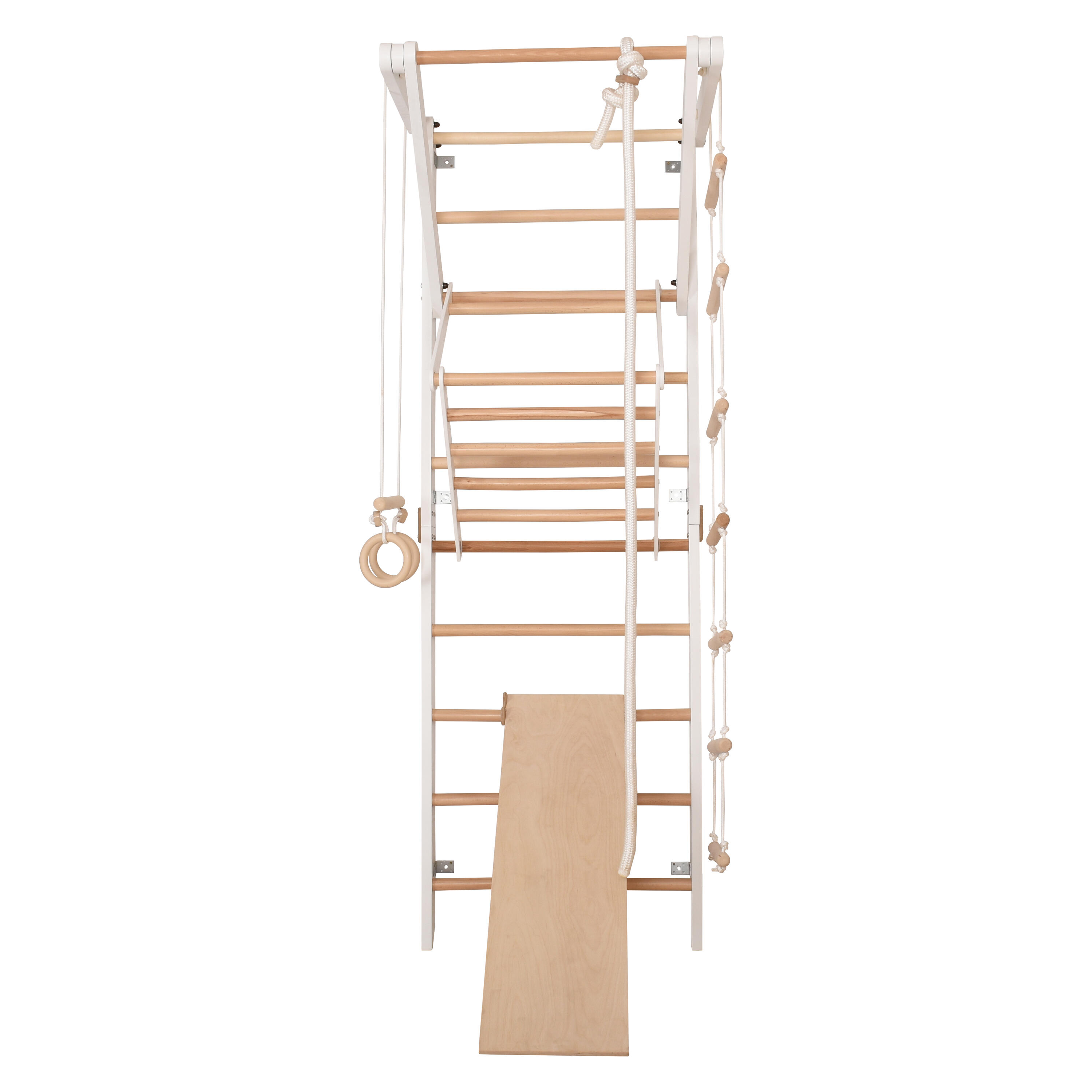 Espalier en bois avec barre, anneaux et planche – RINAGYM Sport 3 blanc 3/4