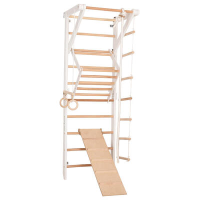 Kletterwand aus Holz mit Reck. Ringen & Rampe (Sport 3 weiß)