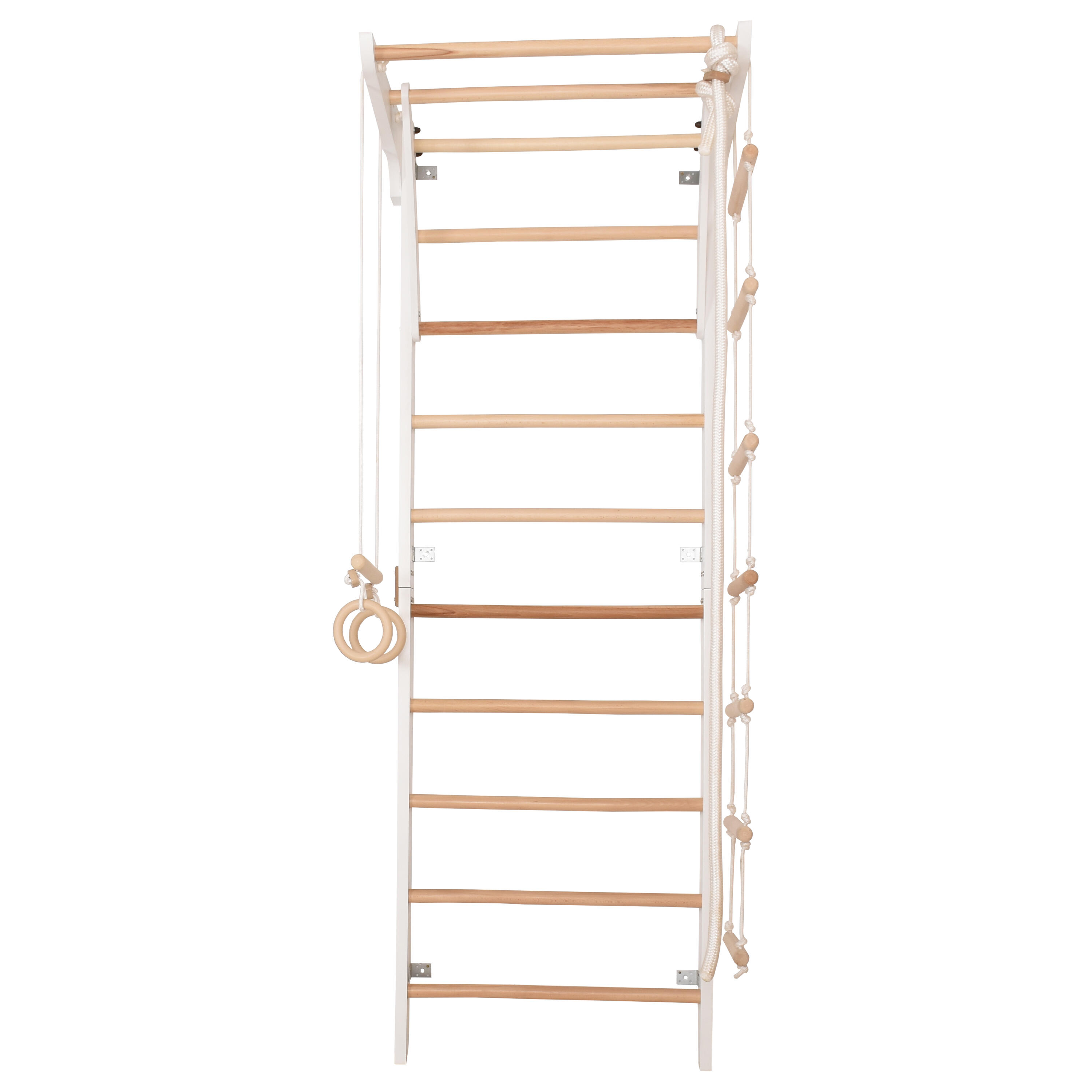 RINAGYM Kletterwand aus Holz mit Reck, Ringen & Seil (Kinder 2 weiß)