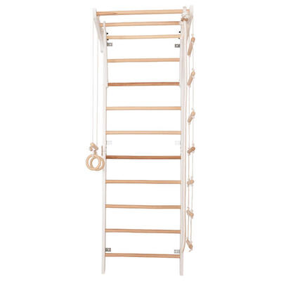 Kletterwand aus Holz mit Reck. Ringen & Seil (Kinder 2 weiß)