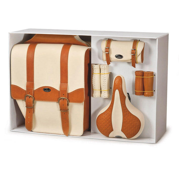 Selle Monte Grappa Vintage 4-Piece Leather Bike Set — Cream/Honey.