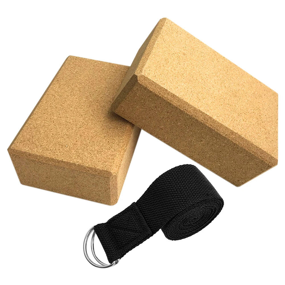 NNETM Yoga Blocks Set with Cork Blocks and Stretching Strap (Beige)