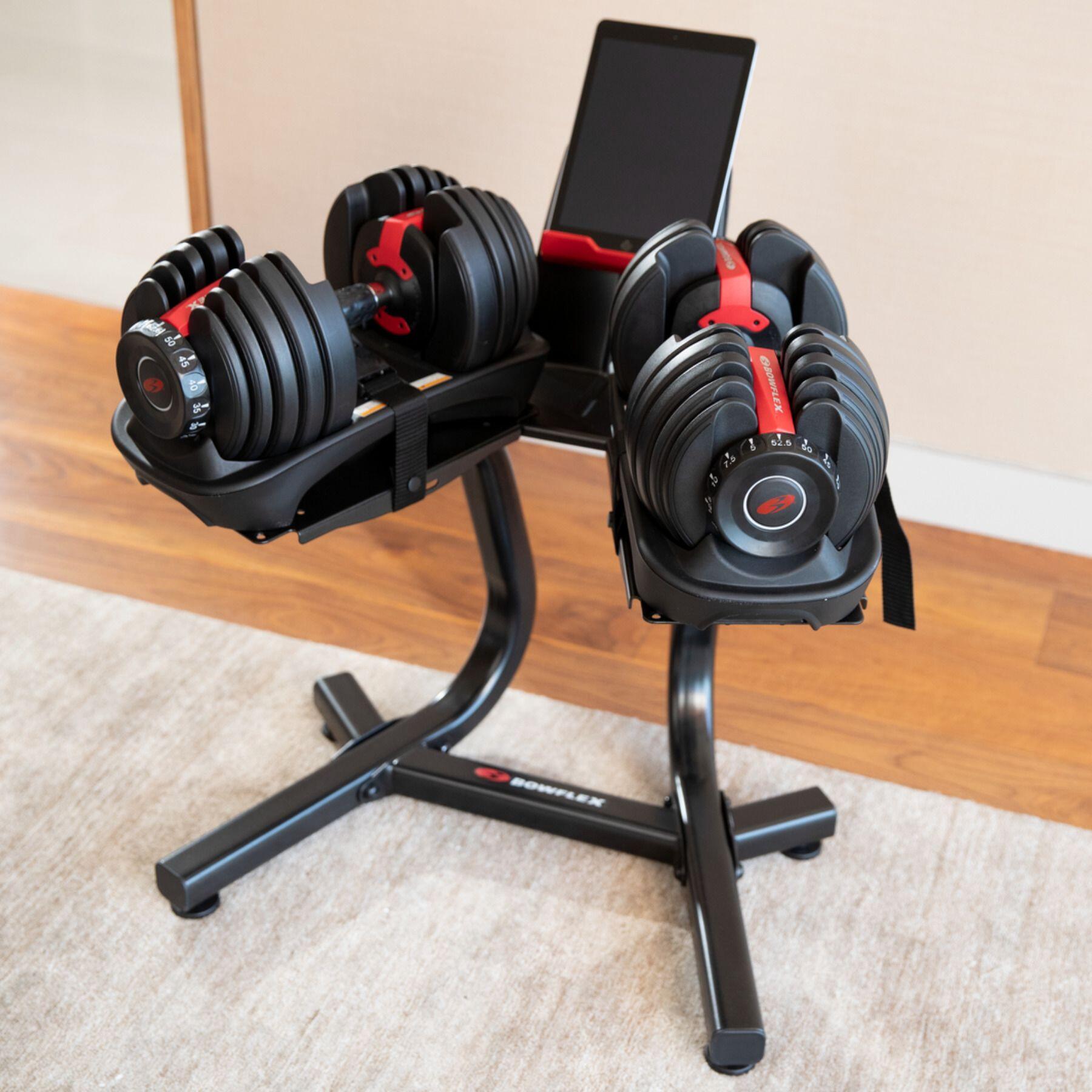 Soporte de mancuernas con rack de entretenimiento- Compatible tablet/smartphone 4/7