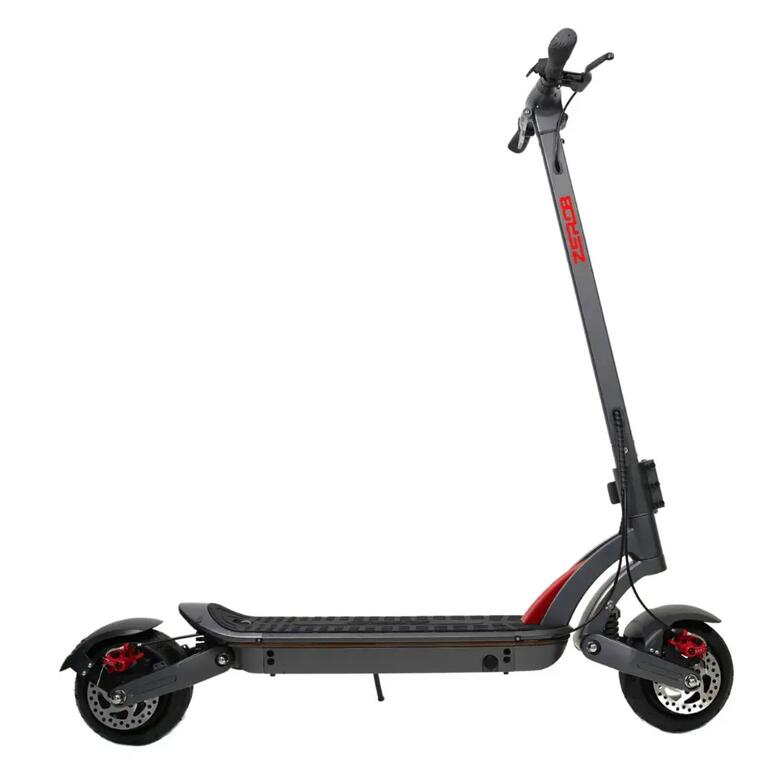 Black electric scooter with large wheels, dual suspension and red accents.