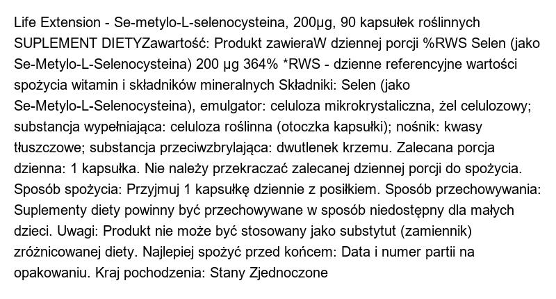 Se-metylo-L-selenocysteina 200µg Life Extension 90 kapsułek roślinnych 2/2