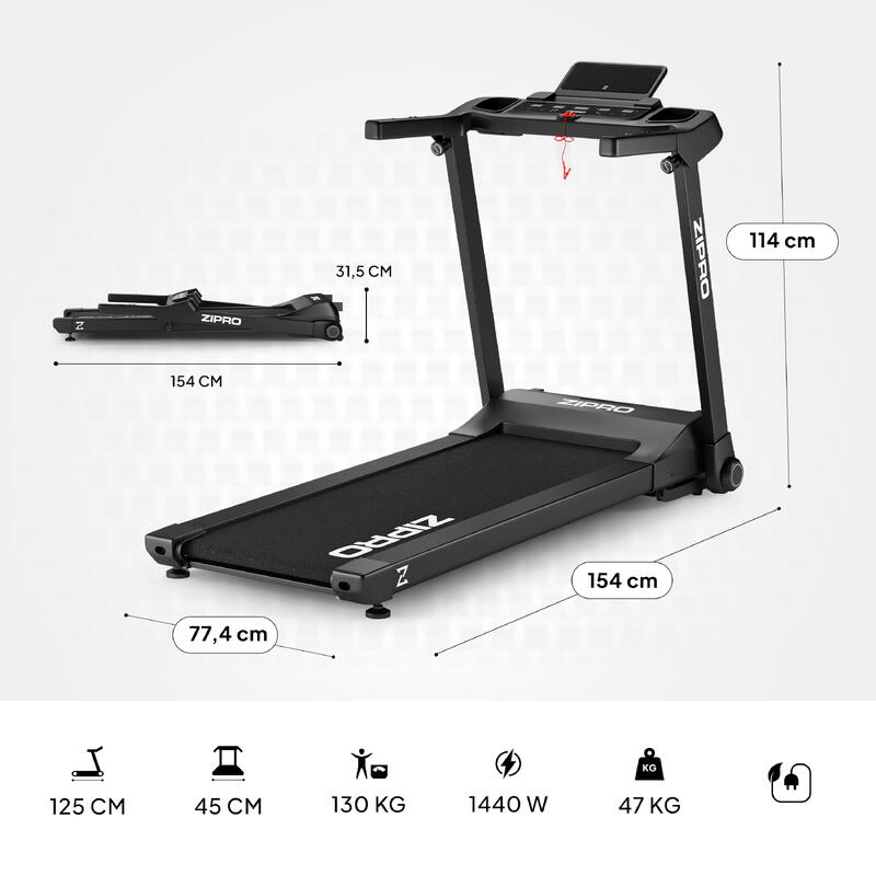 Tapis de course pliant Zipro Ramble 125 x 45 cm pliable 16 km/h inclinaison