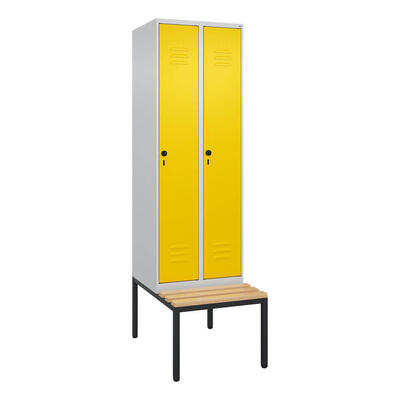 Garderobenschrank Classic Plus, Abteilbreite 30 cm, mit Sitzbank Verkehrsgelb