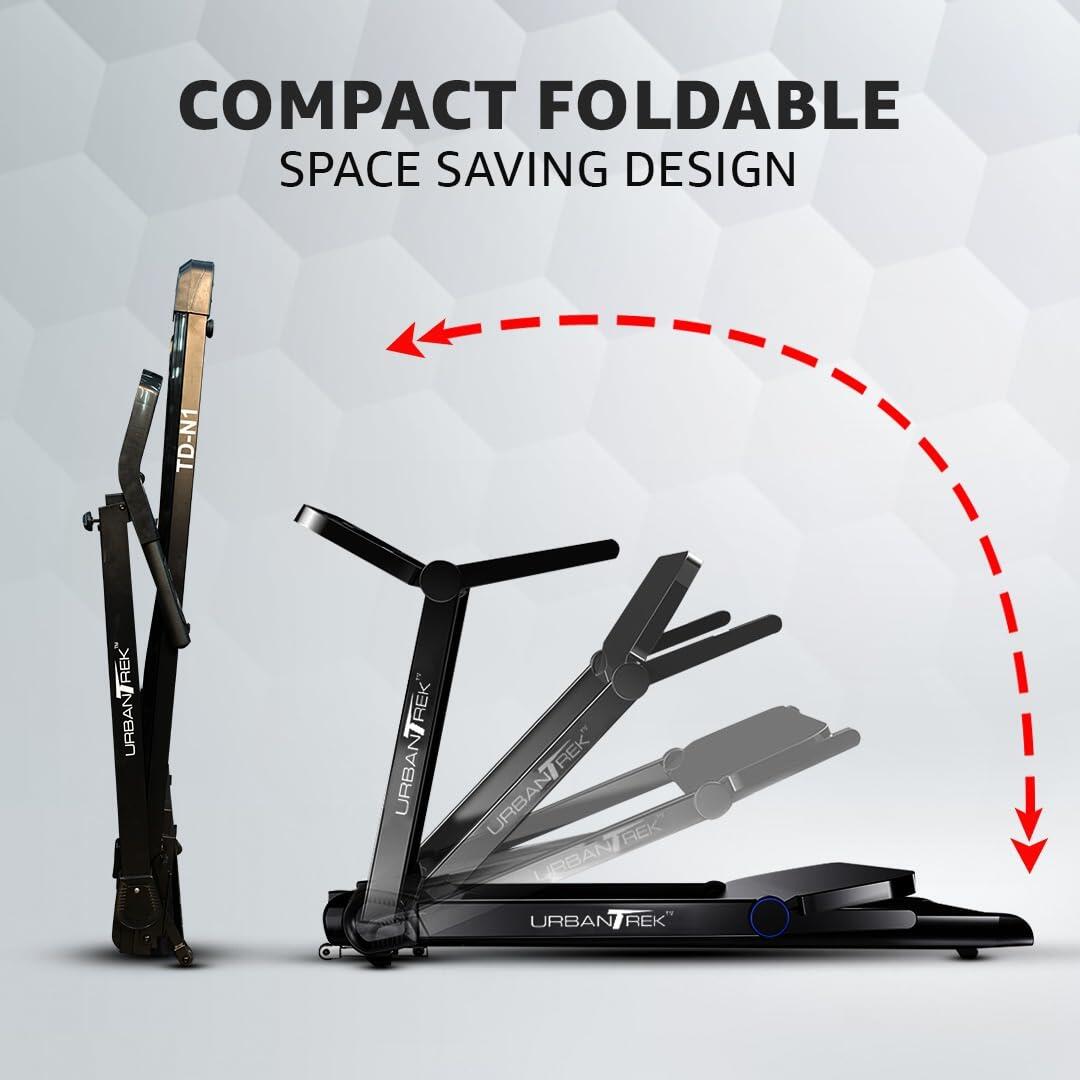 PowerMax Fitness TD-N1 (4HP Peak) Motorised Foldable Treadmill for Home Use, Speed:12kmph, Max User Weight:100kg, 12 Workout Programs, HR Sensor Cardio Exercise Equipment, Inbuilt Bluetooth Speaker