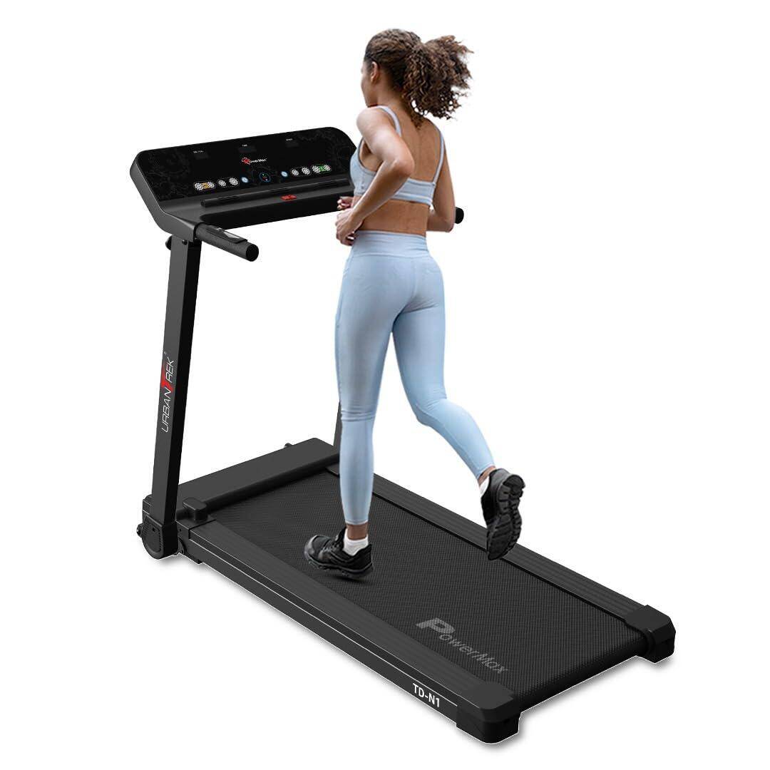 PowerMax Fitness TD-N1 (4HP Peak) Motorised Foldable Treadmill for Home Use, Speed:12kmph, Max User Weight:100kg, 12 Workout Programs, HR Sensor Cardio Exercise Equipment, Inbuilt Bluetooth Speaker