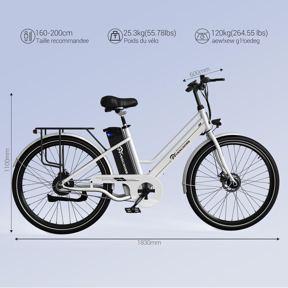 Rower elektryczny dla dorosłych z oponą 26'' 36V 10.4Ah APP EVERCROSS-EK8 Biały