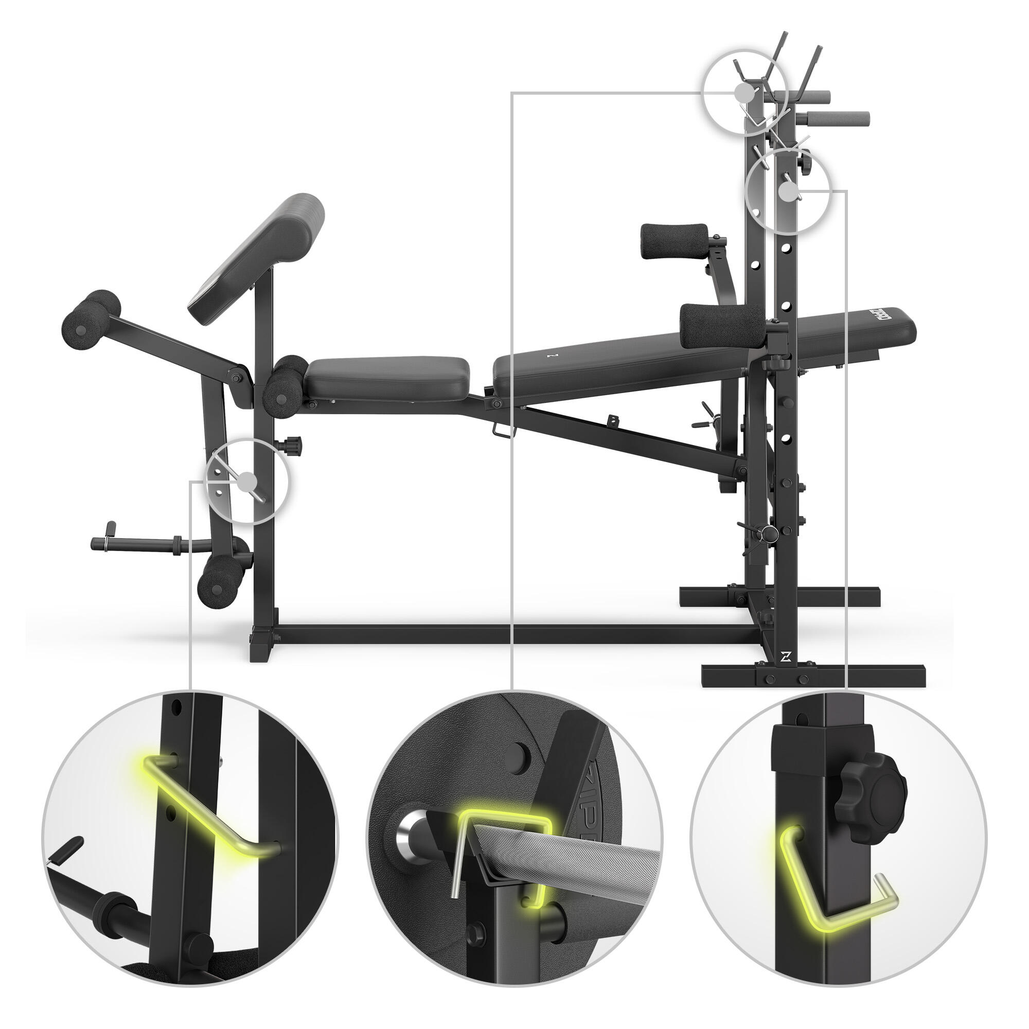 Banc de musculation Zipro Ripped avec pupitre à biceps, support de barre 5/8
