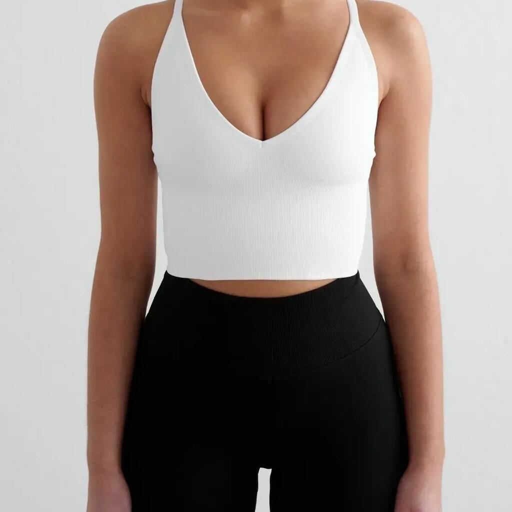 Women's Sports Bra Seamless Cross Back Removable Pads Shape White
