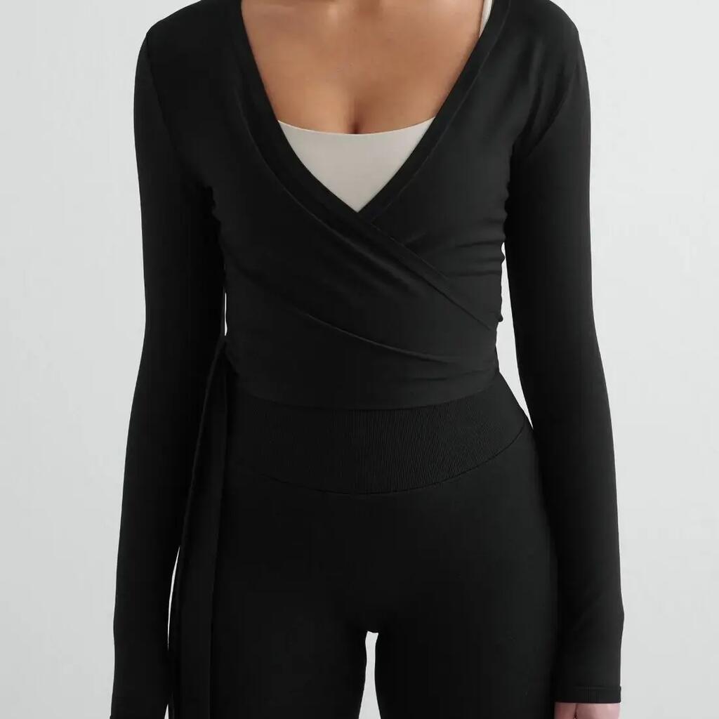 Women's Long Sleeve Top Seamless Wrap Adjustable Ties Shape Black