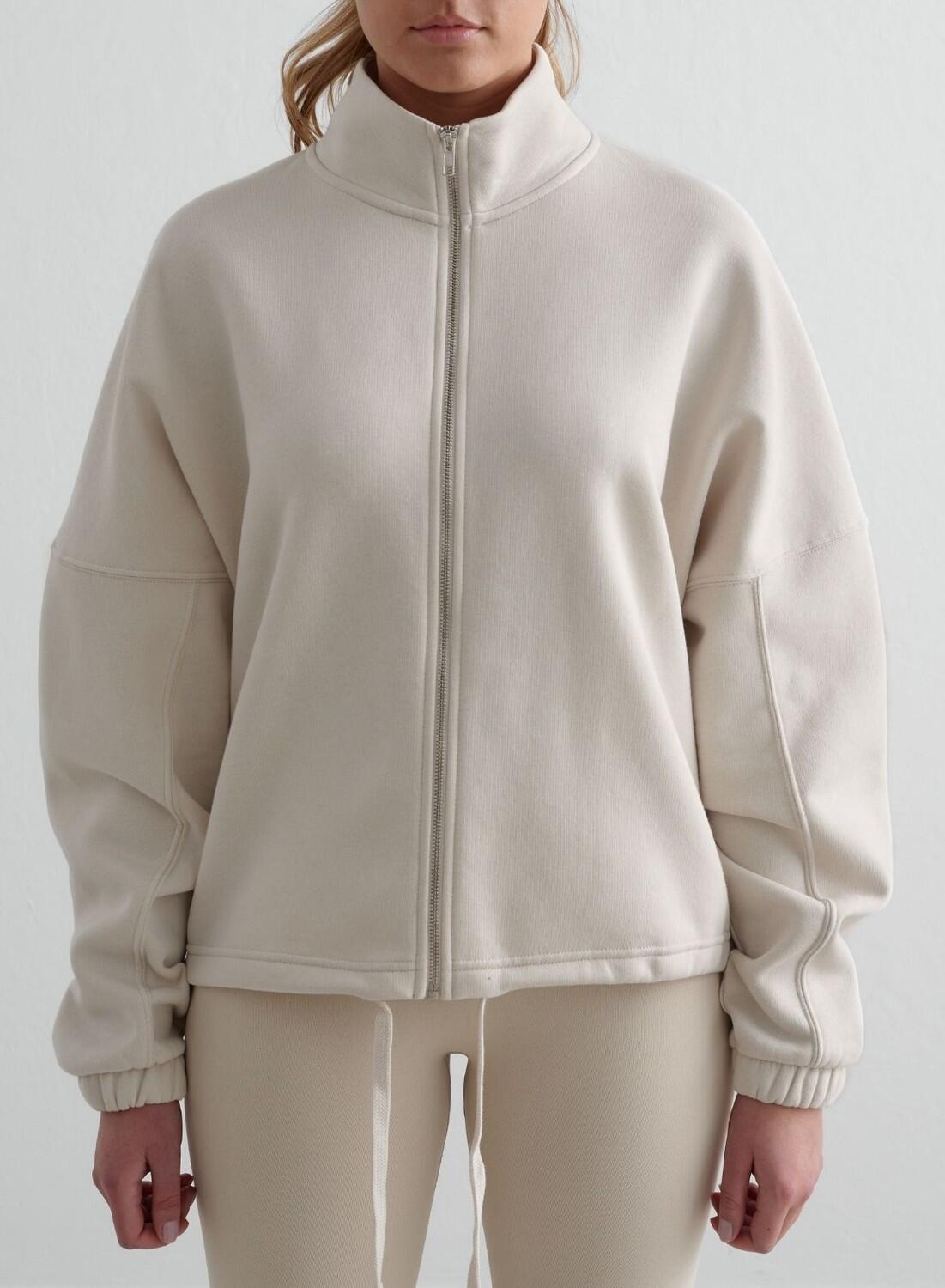 Damen Sweatshirt Durchgehendem Reißverschluss Stehkragen Hellbeige