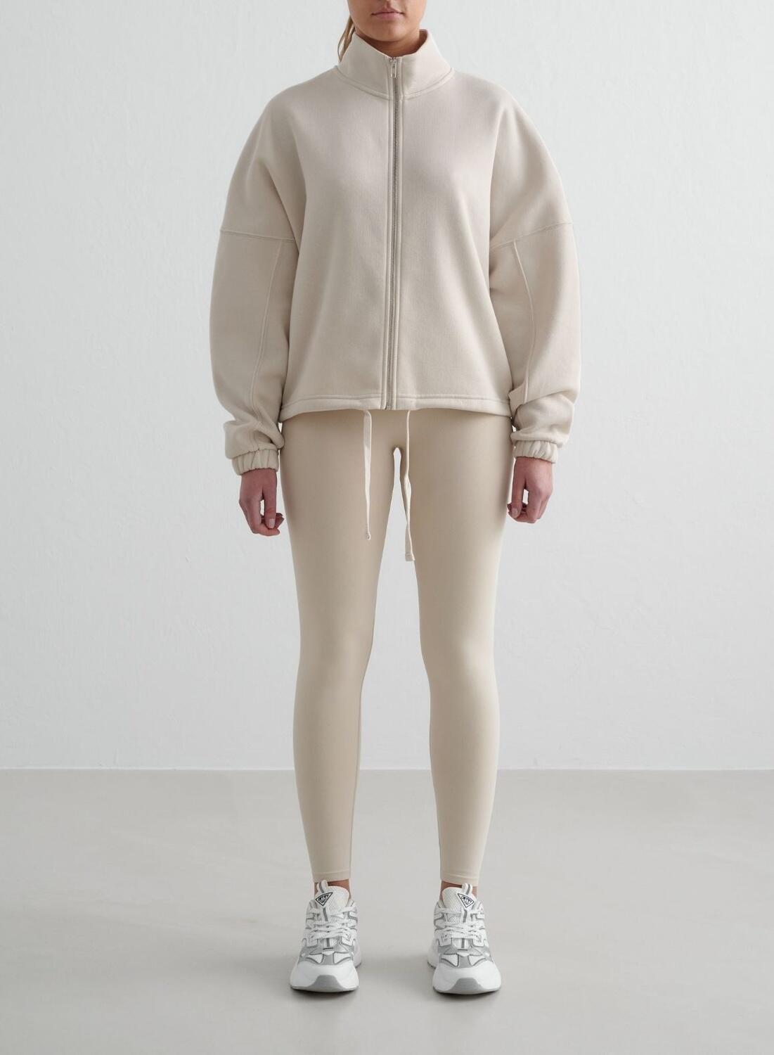 Mujer Sudadera Cremallera Completa Cuello Alto Beige Claro 3/4
