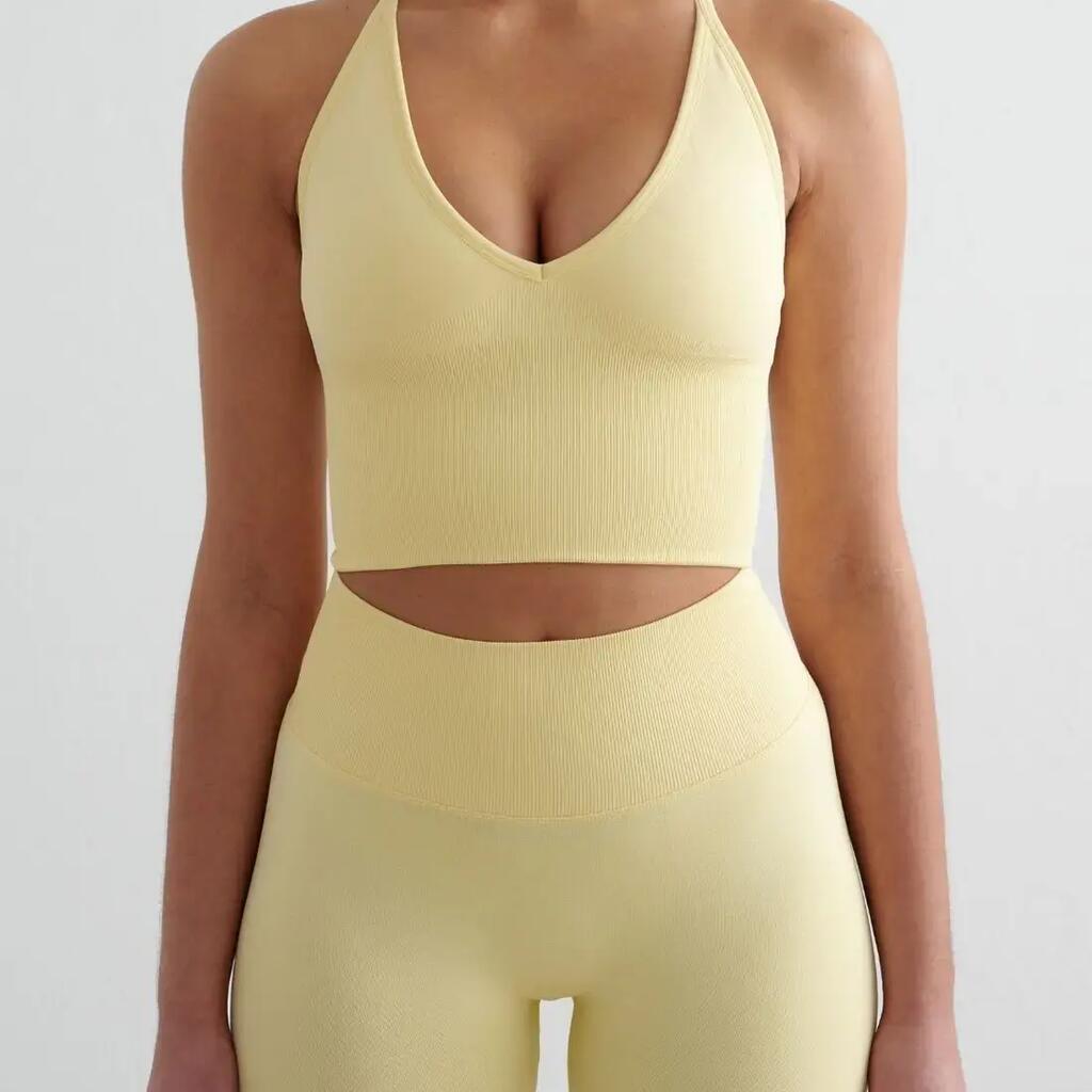 Women's Sports Bra Seamless Cross Back Removable Pads Shape Mellow Yellow