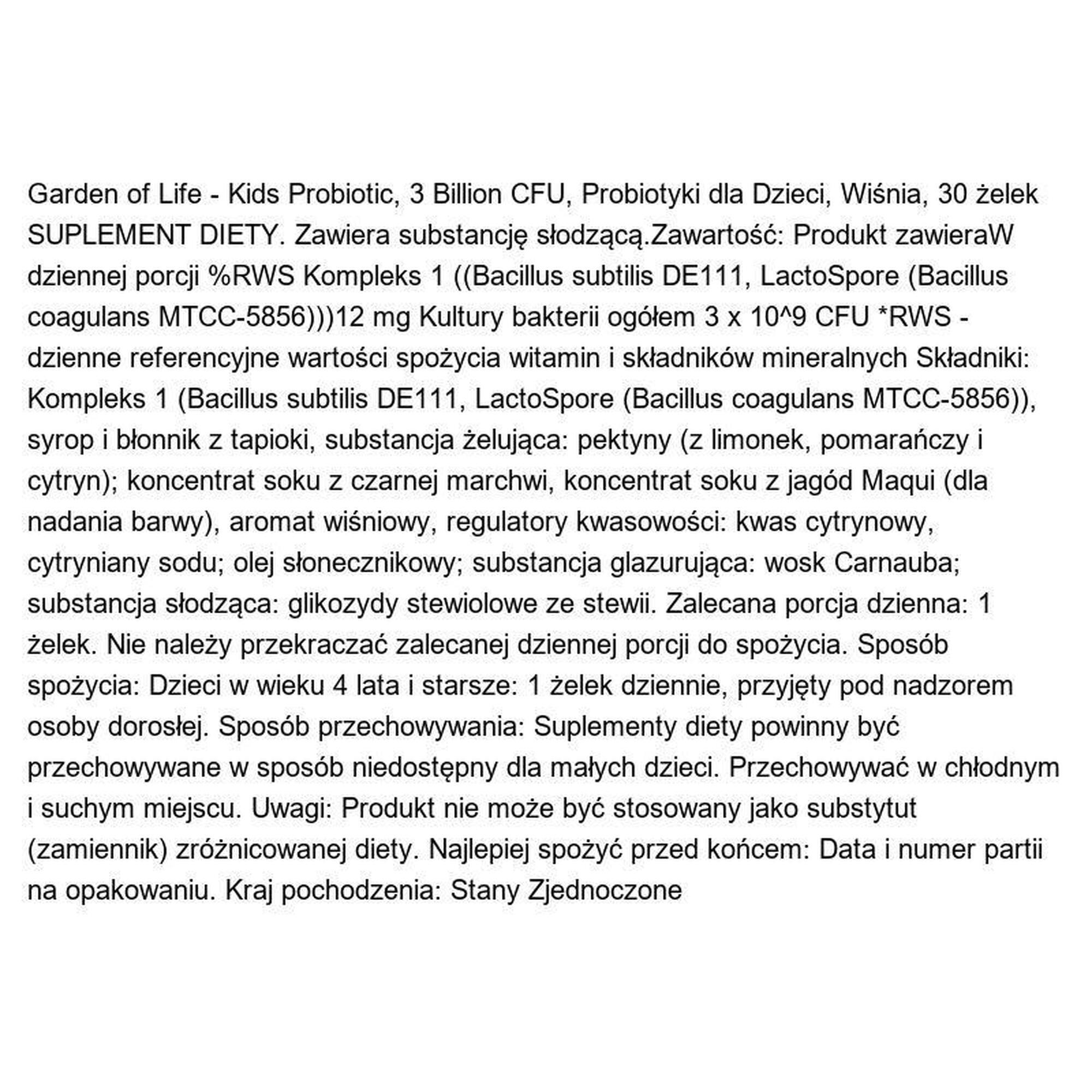 Probiotyki dla Dzieci Probiotic 3 Billion CFU Wiśnia Garden of Life 30 żelek
