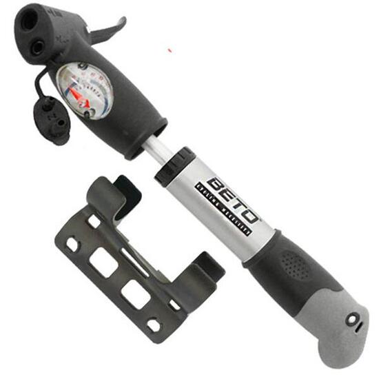 Pompa bici Beto mini doppia testina in alluminio 85 bar con manometro.