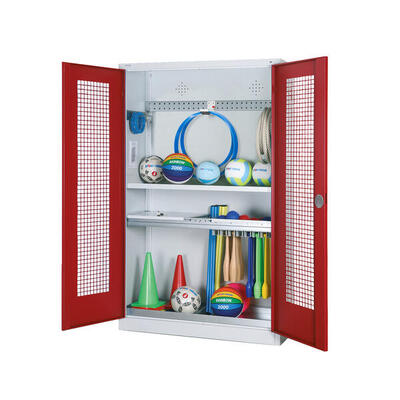 Modul-Sportgeräteschrank Komplettausstattung mit Lochblech-Flügeltüren. HxBxT