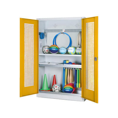 Modul-Sportgeräteschrank Komplettausstattung mit Lochblech-Flügeltüren. HxBxT