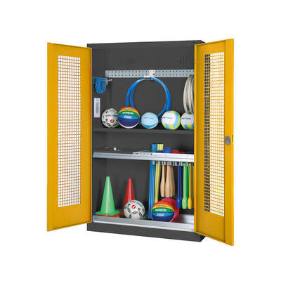 Modul-Sportgeräteschrank Komplettausstattung mit Lochblech-Flügeltüren. HxBxT