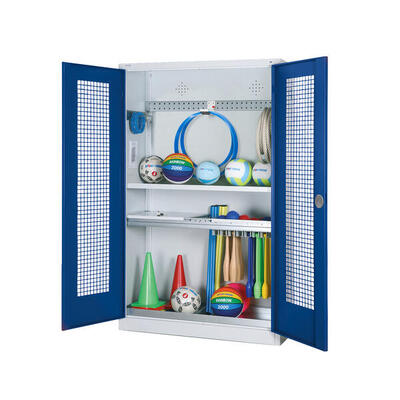 Modul-Sportgeräteschrank Komplettausstattung mit Lochblech-Flügeltüren. HxBxT