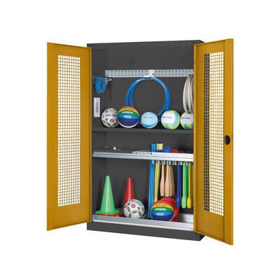 Modul-Sportgeräteschrank Komplettausstattung mit Lochblech-Flügeltüren. HxBxT