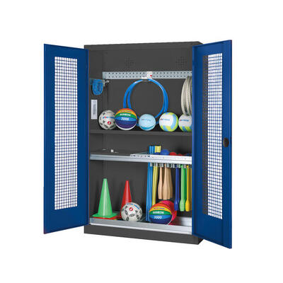 Modul-Sportgeräteschrank Komplettausstattung mit Lochblech-Flügeltüren. HxBxT