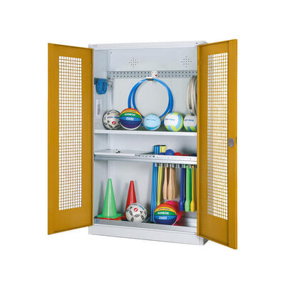 Modul-Sportgeräteschrank Komplettausstattung mit Lochblech-Flügeltüren. HxBxT