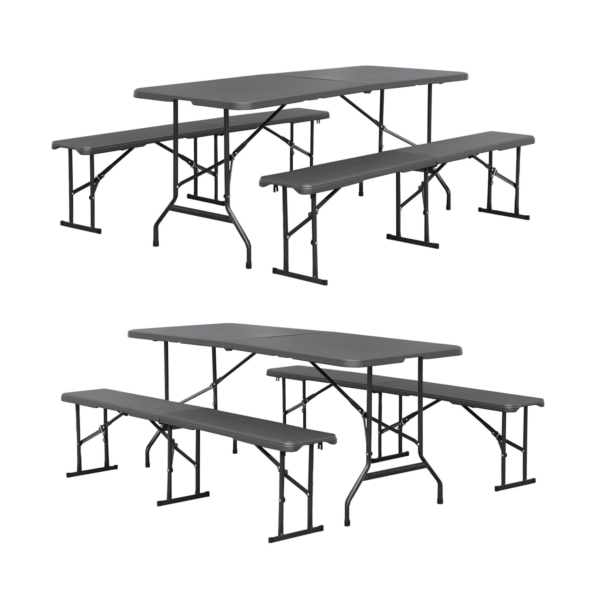 2er-Set dunkelgraue Partytische 180 cm mit je 2 Bänken klappbar aus Stahl und 2/5